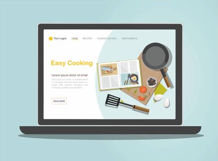 Landing page Cooking concept on laptop. Recipe book, frying pan and food.のイラスト素材