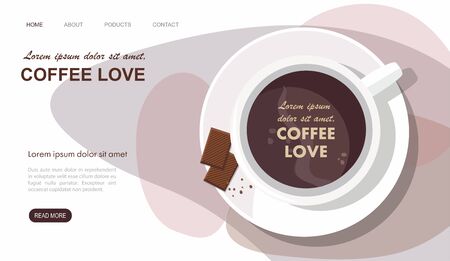 Landing page. Mug with coffee and chocolate. Top view Illustrationのイラスト素材
