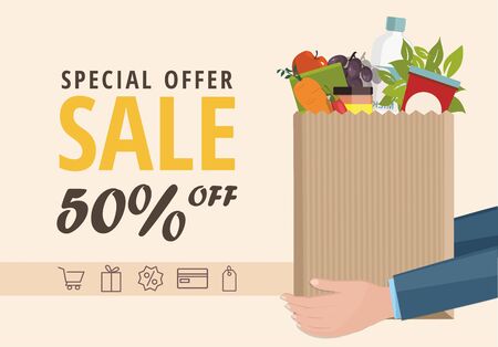 Sale Web banner. Man holding a paper bag with food.のイラスト素材