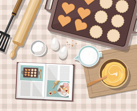 Baking utensils and cooking ingredients for tarts, cookies, dough and pastry. Top view. Vector Illustrationのイラスト素材