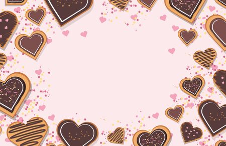 Decorated heart shaped cookies with glaze on pink  background, top view. Valentine's dayのイラスト素材