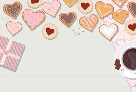 Decorated heart shaped cookies with glaze on wooden background, top view. Valentine's dayのイラスト素材