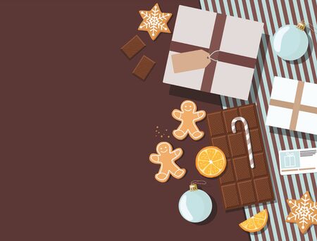 New year and Christmas background with gifts, cookies, greeting card and christmas balls.  Top view.のイラスト素材