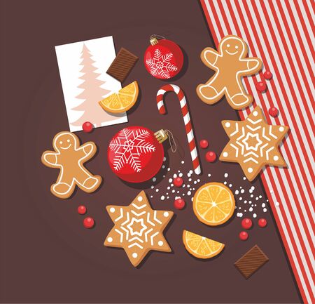 Christmas or New Year background. Cookies, sweet food and red christmas balls wiht postcard on table. Vector templateのイラスト素材