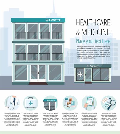 Facade of hospital and pharmacy store on city background. Vector Medicine infographicのイラスト素材