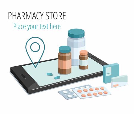 Medical preparation and pills on smartphone. Isometric Illustration on white. 3D Pharmacy.のイラスト素材