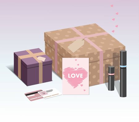Happy Valentine's Day. Gifts and Make Up productson. Isometric vector Illustrationのイラスト素材