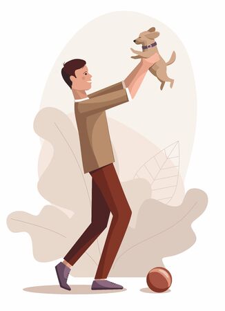 Man holding puppy. Friendship and love of man and dog. outside Vector Illustrationのイラスト素材