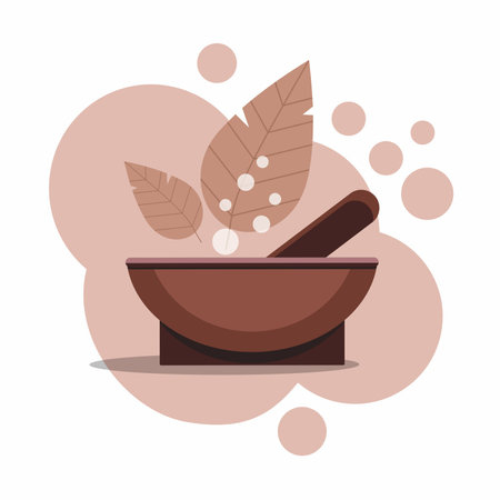 Mortar and pestle  with leaves isolated on white. Vector design herbal medicine, signs and symbolsのイラスト素材