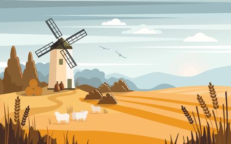 Rural colorful landscape with a mill. Farm, agriculture, bakery. Vector Illustrationのイラスト素材