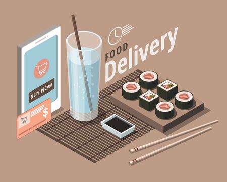 Food delivery service template. Restaurant japanese menu. Isometric Illustrationのイラスト素材