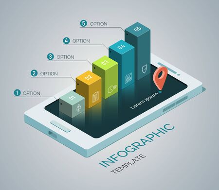 Template infographics. Mobile phone concept with 5 columns, steps, options. 3d Isometric illustration.のイラスト素材