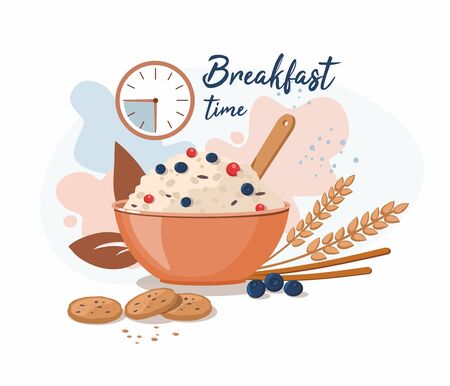 Oatmeal porridge with blueberry in ceramic bowl. Breakfast time. Vector Illustrationのイラスト素材