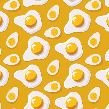 Fried egg and boiled egg on yellow background. Vector design pattern. Wallpaper backgroundのイラスト素材