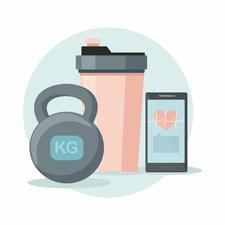 Sports equipment. Shaker, kettlebell and phone. Vector illustrationのイラスト素材