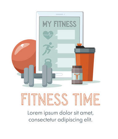 Sports equipment. Shaker, dumbbell and tablet. Online training concept. Vectorのイラスト素材