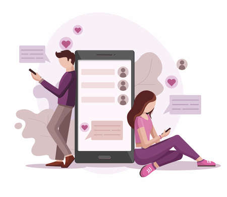 Male and female chatting on the Internet. Online Dating service. Virtual relationships concept. Vector Illustrationのイラスト素材