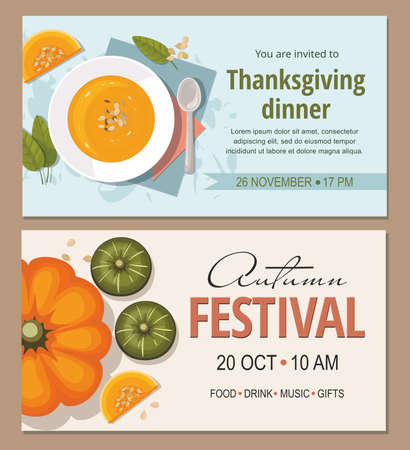 Autumn festival invitation with pumpkins. Thanksgiving greeting card. Pumpkin soup with spoon on table. Vector templateのイラスト素材