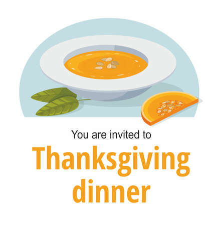 Pumpkin soup. Thanksgiving invitation card. Vector Illustrationのイラスト素材