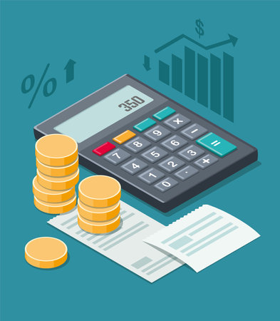 Financial planning with coins, calculator and cash receipt isolated on a blue background. Isometric illustrationのイラスト素材