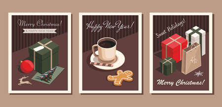 Set of three card Merry Christmas and Happy New Year.  Coffee cup, gingerbread cookie, christmas tree greeting card and gifts. Vector Templateのイラスト素材
