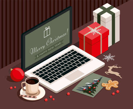 New year and Christmas background with gifts, laptop, cookies, greeting card and Christmas toys. 3D isometric Illustration.のイラスト素材