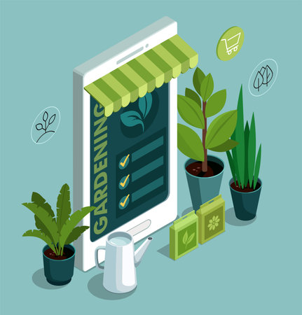 Gardening Tools, plants and mobile phone. Online garden shop concept. 3d isometric illustration.のイラスト素材