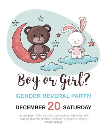 Baby Shower card. Teddy bear and rabbit toys with moon and clouds.のイラスト素材