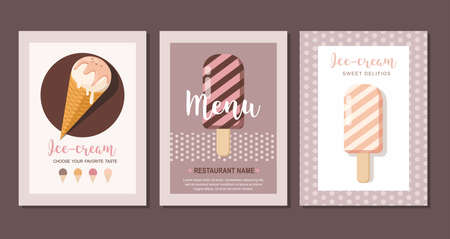 Ice cream set cards. Sweet food desserts. Set of flyer collectionのイラスト素材