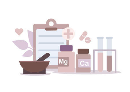 Flat medicine bottles. Vitamin bottle with natural herbal pills and vitamins. Drugs, tablet capsules and bottles.のイラスト素材