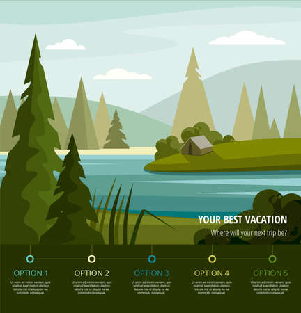 Camping in spruce forest. Summer landscape with lake and trees. Vectorのイラスト素材
