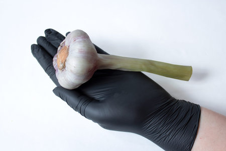 Female hands close-up in black latex gloves holding garlic. The photo can be used for articles as...
