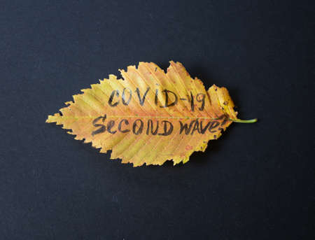 Concept on a black background of a faded autumn bouquet with the inscription covid -19 of the second wave.の写真素材