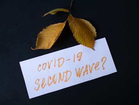 Concept on a black background of a faded autumn bouquet with the inscription covid -19 of the second wave.の写真素材