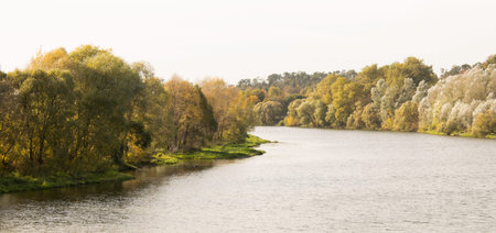 river in the park on an autumn day, the waters look brownish yellow, the reflection of autumn colors...