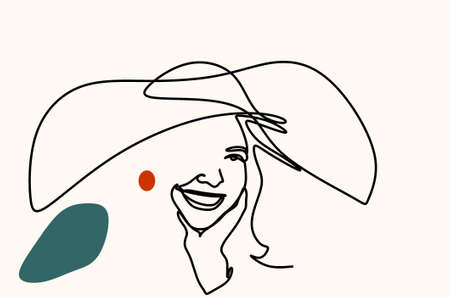 illustrations in a minimalistic linear style - minimalistic modern art - portrait of a woman and a hat - abstract t-shirt printの写真素材