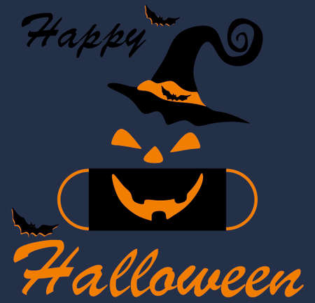 Black protective mask with an orange mouth and orange eyes and a hat on an Indigo background.Happy Halloween lettering on Indigo background. The concept of Halloween and covid-19.のイラスト素材