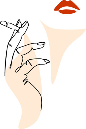 A womans hand with a cigarette and lips are drawn in one line and spots. Spa services.Beauty salon. Drawing a single line. Minimalism. Print for t-shirts, for coloring. minimalist poster line, modernのイラスト素材