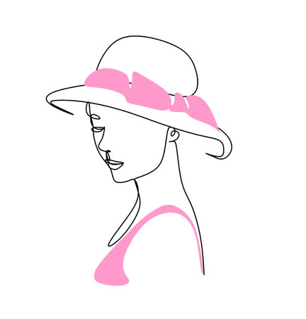 Drawing along the lines of a female image in a hat. Spa services. Hair salon for women. Fashion. Journal.のイラスト素材