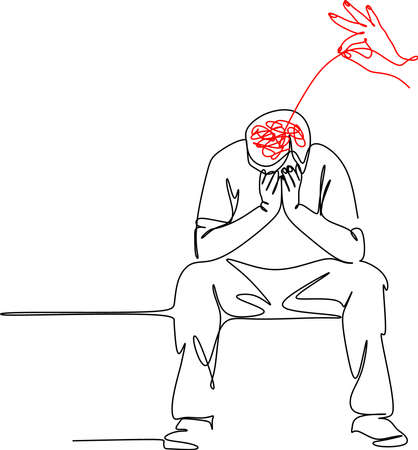 The concept of psychology. A woman's helping hand unravels the tangle of thoughts of an elderly man with a mental disorder alone on a bench, seeking to get rid of emotional problemsのイラスト素材