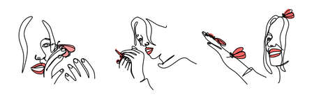 Seth is a linear drawing of a woman admiring a butterfly on her fingers, close-up on a white isolated background. Illustration of spa services.Beauty salon. Minimalism. Print for T-shirts, for colorinのイラスト素材