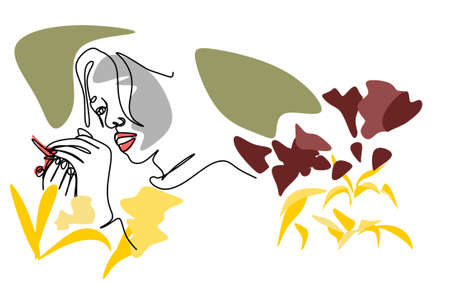 a linear drawing of a woman with a butterfly in her hands and on her hair in boho style, close-up on a white isolated background. Spa services, beauty salon. Minimalism. Print for T-shirts,のイラスト素材