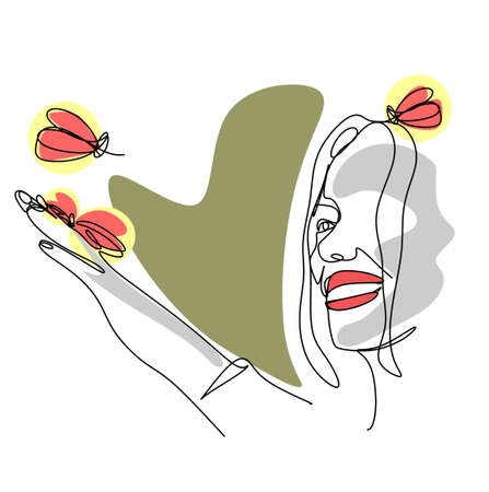 a linear drawing of a woman with a butterfly in her hands and on her hair in boho style, close-up on a white isolated background. Spa services, beauty salon. Minimalism. Print for T-shirts,のイラスト素材
