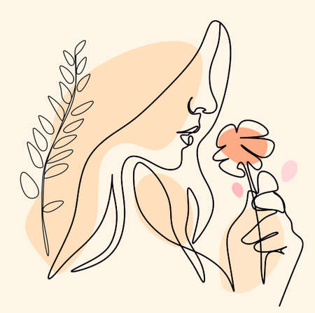 a close-up line drawing of a boho woman holding a flower. Spa services, beauty salon. Minimalism. T-shirt print, interior poster,のイラスト素材