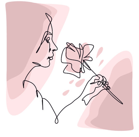 a close-up showing a woman in one continuous line in boho style with a flower in her hands. Spa services, beauty salon. Minimalism. T-shirt print, interior poster,のイラスト素材