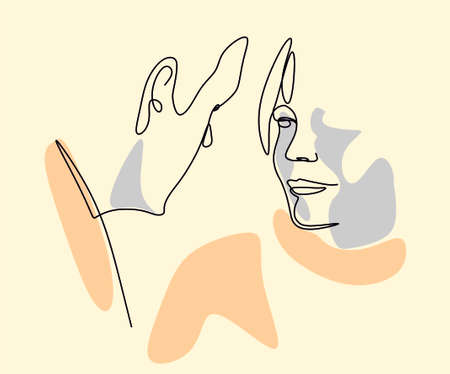 Abstract one-line drawing of a tropical palm tree and a female image. Contour drawing. Minimal artistic sketch of ladies and leaves on a background of geometric shapes.のイラスト素材