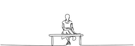 a line drawing of a depressed woman with confused thoughts in her head. A young lady is sitting on a bench. Minimalist style. The concept of the psychology of loneliness. Print on T-shirts, notebooksのイラスト素材