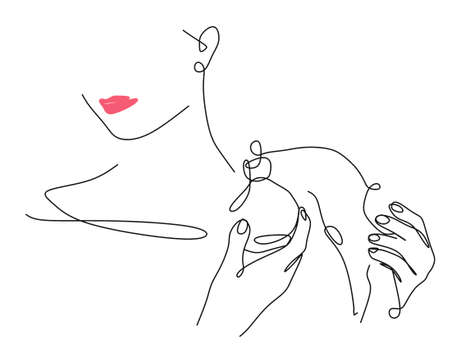 continuous drawing of women's hands with a perfume bottle and a face contour in the style of minimalism, close-up, cosmetics, magazine, T-shirt printのイラスト素材