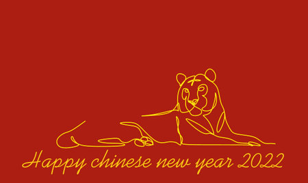 continuous linear drawing of the silhouette of the Chinese tiger of 2022, a simple hand-drawn Asian element for a poster, brochure, banner, calendar, vector illustration isolated on a red backgroundの写真素材