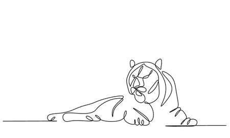 Continuous linear drawing of the tiger symbol for a poster, brochure, banner, invitation card, T-shirt print, light illumination, vector illustration isolated on a white background.の写真素材